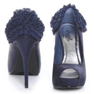Navy Blue satin peep-toe ruffle heels stilettos7.5